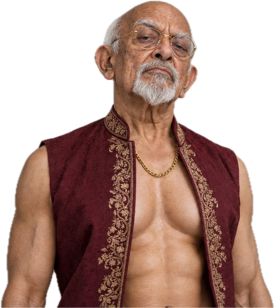 Ravik Suri up close: round gold glasses, white goatee, a gold chain and the waistcoat worn open.