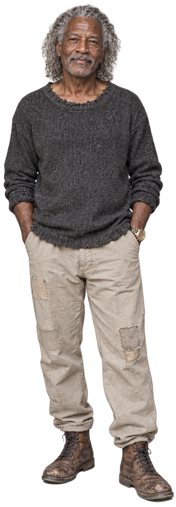 Zevan Cole standing with his hands in his pockets: charcoal knit sweater, patched khaki trousers and worn leather boots.