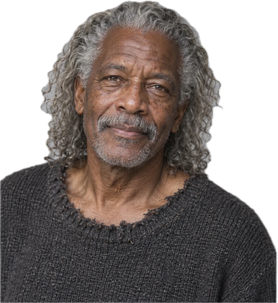 Zevan Cole up close: long silver curls, a salt-and-pepper beard, an easy half smile and a frayed charcoal sweater.